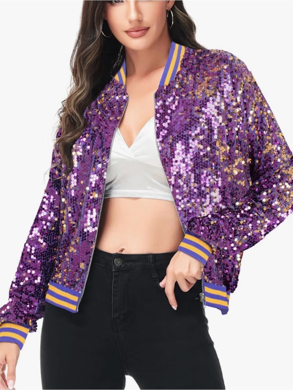 Sequin Bomber Jacket in Purple with Gold Accents - Women